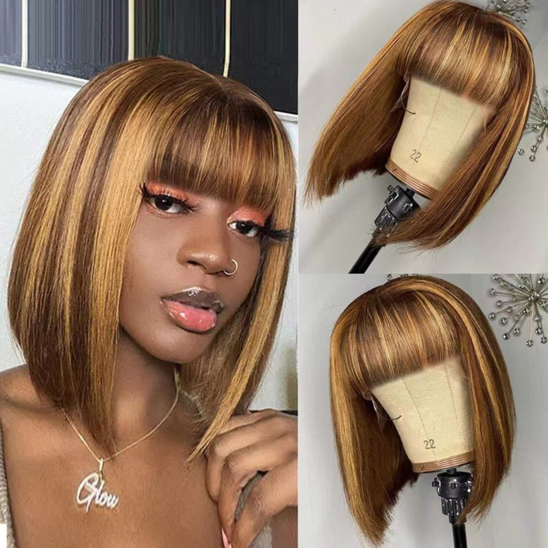 Wig Fiber Net - Damen-Short-Haarschnitt mit Luftpony, BOBO-Stil, braun-goldene Mischfarbe,