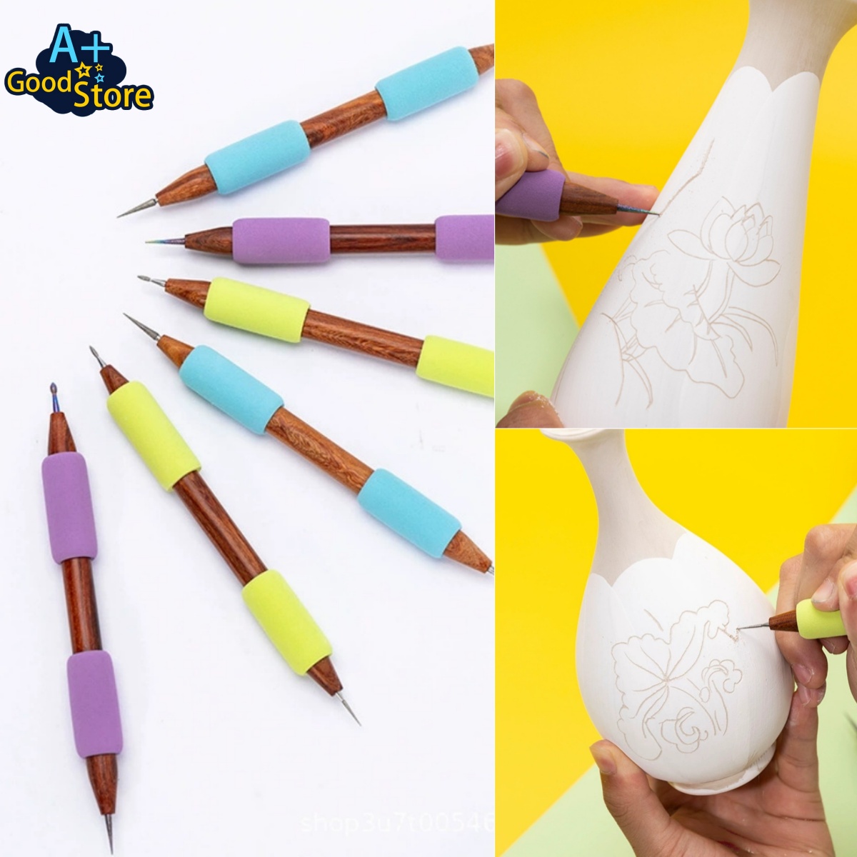 Foam Clay Sculpt - Doppelköpfiges Keramik-Schnitzwerkzeug mit Diamantspitze, Holzgriff und